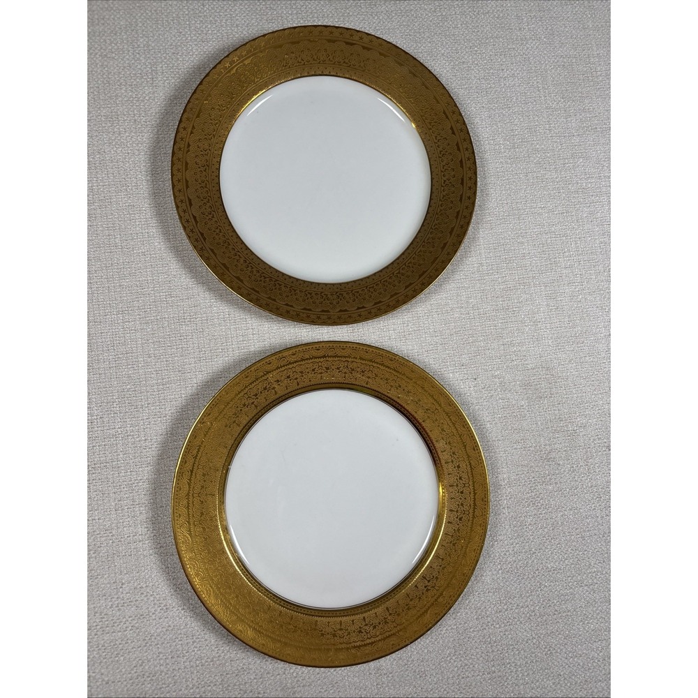 Pair Antique Jesse Dean JED-E-AN Limoges Porcelain Plates Heavy Gold 10 Inches